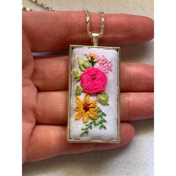 Handmade Embroidery Floral Design Necklace - Rectangle Bezel - Picture 3 of 4